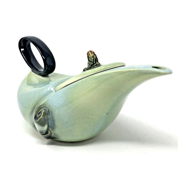 HULL Art Deco Pottery Teapot 1950's Parchment & Pine Sage Green VTG Mid Century - Picture 3 of 12